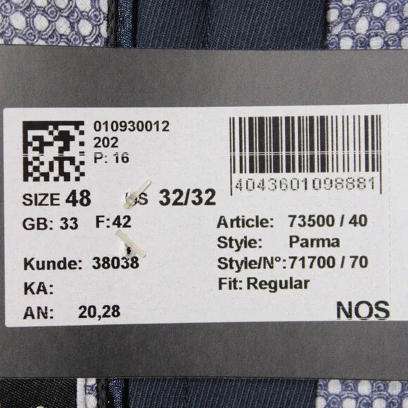 Hiltl NWT Chinos / Casual Pants Size 48 (32 US) Parma In Solid Blue Cotton Blend